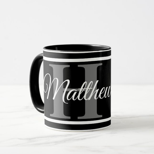 Caneca Simples Elegante preto Monograma branco clássico a (Frente Esquerda)
