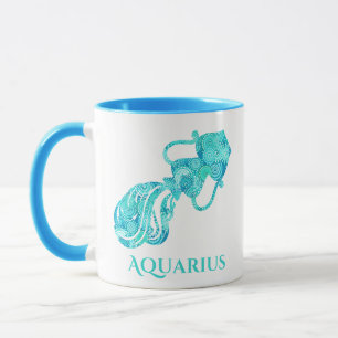 Caneca Sinal de Zodíaco para Aquário em Fractal Turquesa