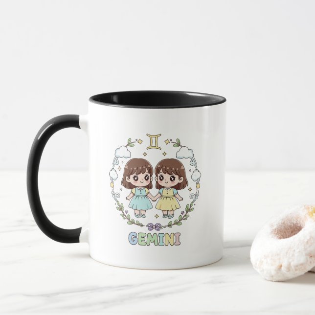 Caneca Sinal do Zodíaco Gêmeos Kawaii Fofo (Com Donut)