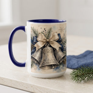 Caneca Sinos de Natal Prateados Elegantes em Aquarela