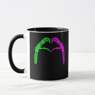 Caneca Skeleton Mãos Sinais de Coração Retro Figurino de