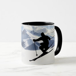 Caneca Skier Silhouette nas montanhas de neve Personalize