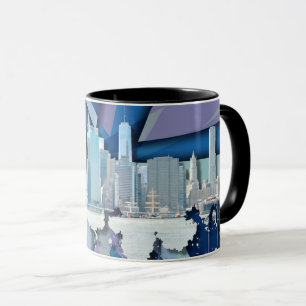 Caneca Skyline   3D azul da Nova Iorque