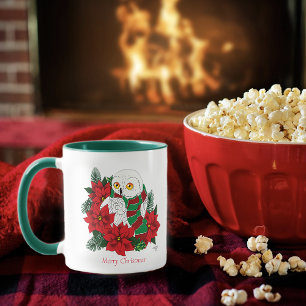 Caneca Snowy Owl Red Poinsettias Natal