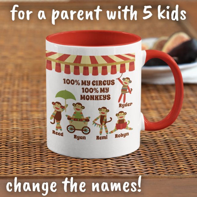 Caneca Sock Monkey Circus 5 Kids Names Gift Pai (Criador carregado)