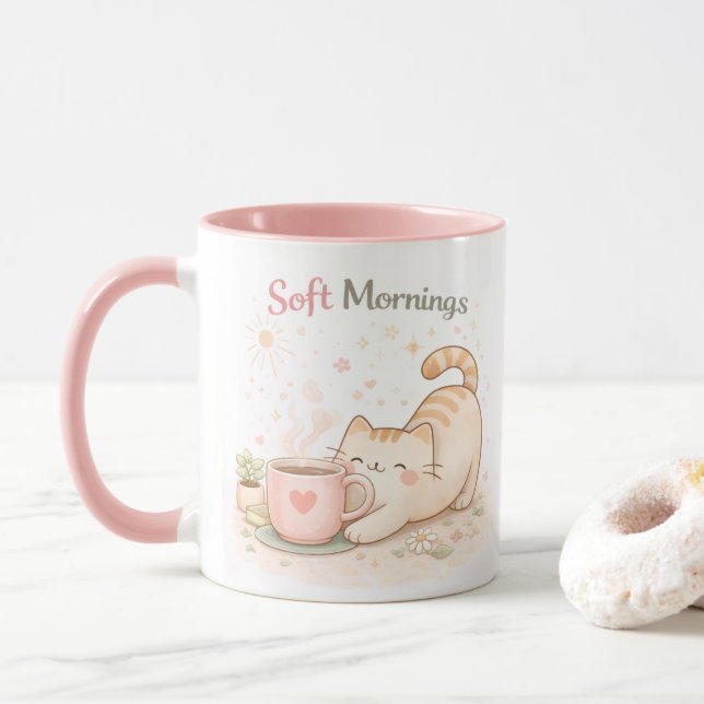 Caneca Soft Morning Kawaii Cute Cat Coffee Sweet Pink (Com Donut)