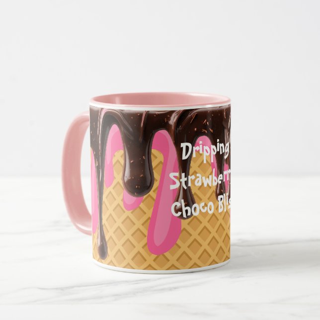 Caneca Sorvete,Delícia de Chocolate Morango Derramando (Frente Esquerda)