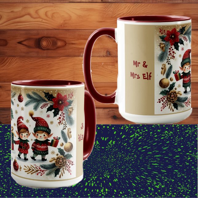 Caneca Sr. e Sra. Elf Feliz Natal Poinsettia Botânica (Mr & Mrs Elf Merry Christmas Poinsettia Botanicals Mug)