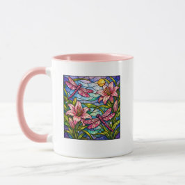 Caneca Stain Glass Lilies and Dragon Flies Pink