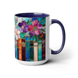 Caneca Stained Glass Style Books Floral Mug