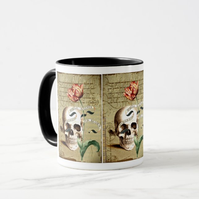 Caneca Steampunk Skull Floral Escrevendo Halloween Mug (Frente Esquerda)