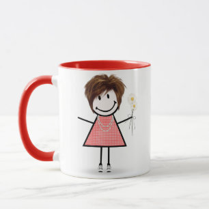 Caneca Stick Figure Girl with Daisies and Cote