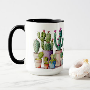 Caneca Sucultivos de cactos de aquarela clássica em potes