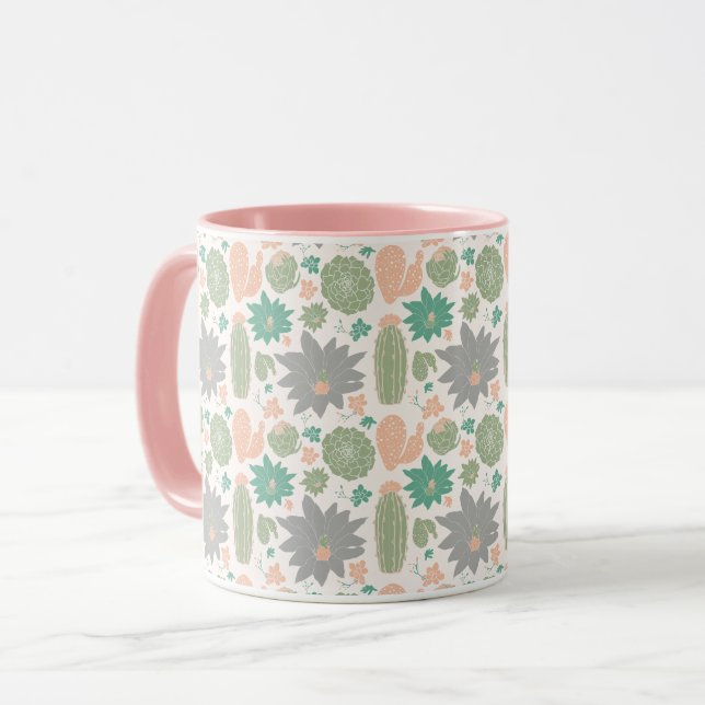 Caneca Sucultivos de Cinzas Verdes Cor-de-Rosa Cactus (Frente Esquerda)