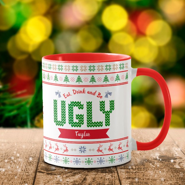 Caneca Sueco de Natal Feio Nome do Knit Verde Nórdico (Criador carregado)