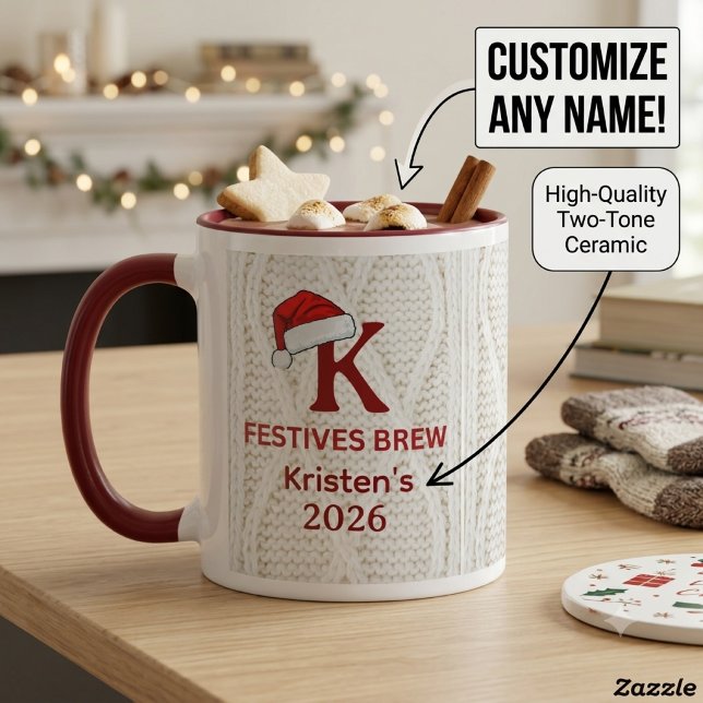Caneca Suéter de Malha Festivo com Monograma de Natal  (Criador carregado)