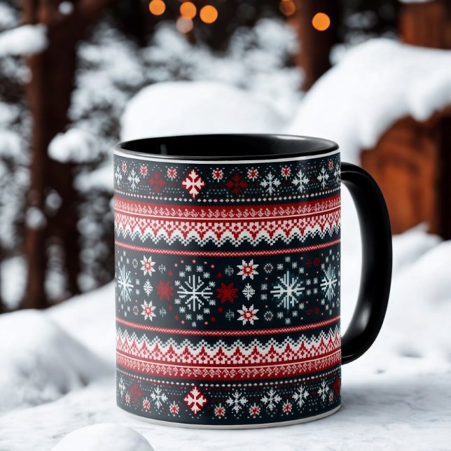 Caneca Suéter Feio Vermelho Azul Flocos de Neve Feriado (Criador carregado)