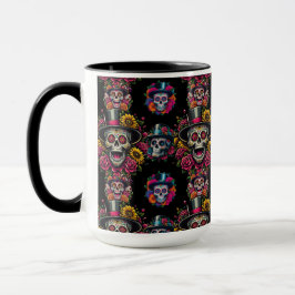 Caneca Sugar Skull Art - Top Hat Floral Fiesta