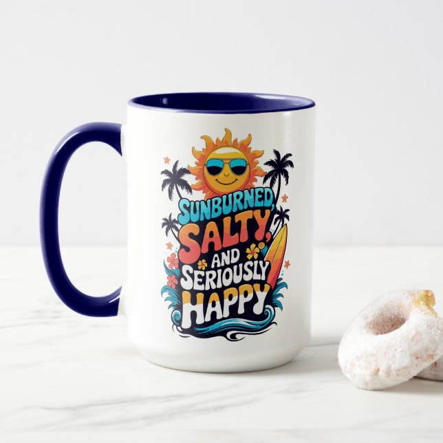 Caneca Sunburned Salty and Happy – Retro Beach Vibes (Com Donut)