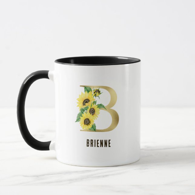 Caneca Sunflower Watercolor Floral - Letra B Monograma (Esquerda)