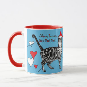 Caneca Tabby Cat Feliz Azul Corações de Natal Vermelho 