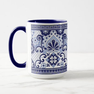 Caneca Talavera Branca e Azul - Arte Foliar Mexicana