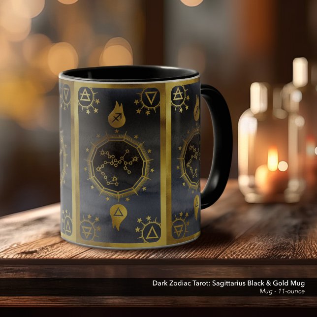 Caneca Tarte Zodiac Escuro: Preto Sagitário e Dourado (Dark Zodiac, Tarot, and Alchemy Mug: Sagittarius in Black & Gold)