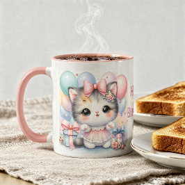 Caneca Taza de Cumpleaños con Gatito y Globos 