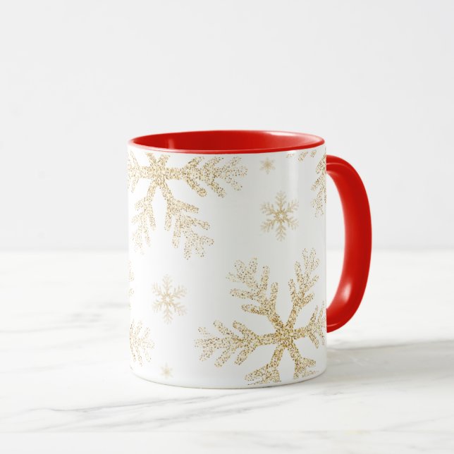 Caneca Taza Navideña con Copos de Nieve Dorados elegantes (Frente Esquerda)