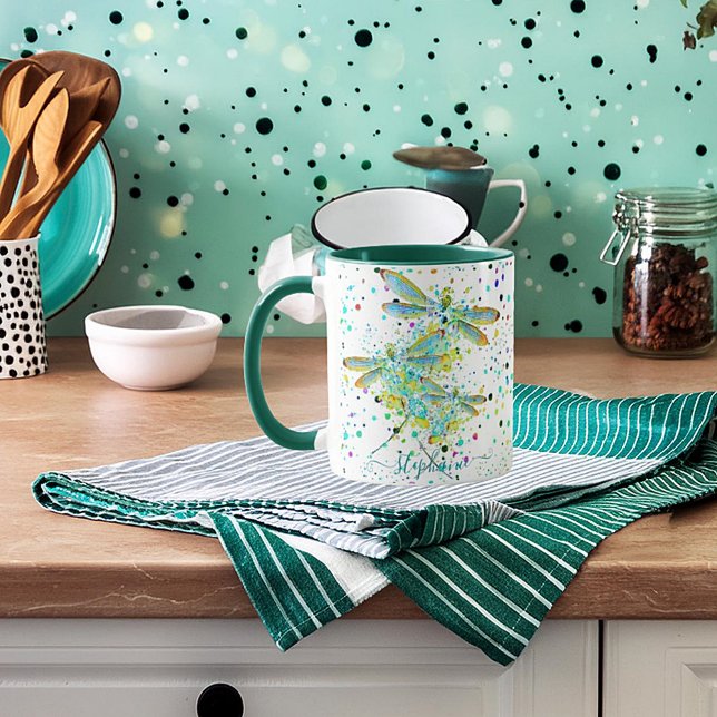 Caneca Teal Dragonfly Splatter personalizado Coffee Mug (Criador carregado)