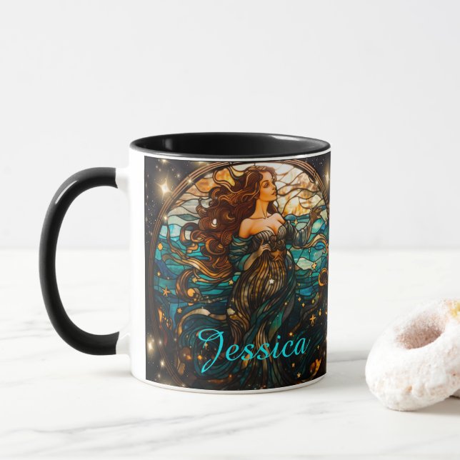 Caneca Teal e Black Stainice Glass Fantasy Sereia (Com Donut)