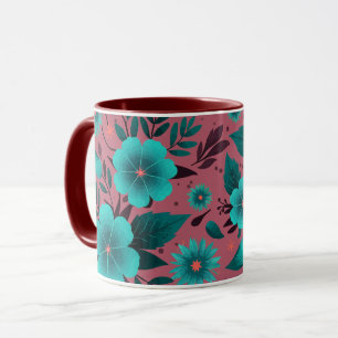 Caneca Teal Floral Patterno sobre Maroon