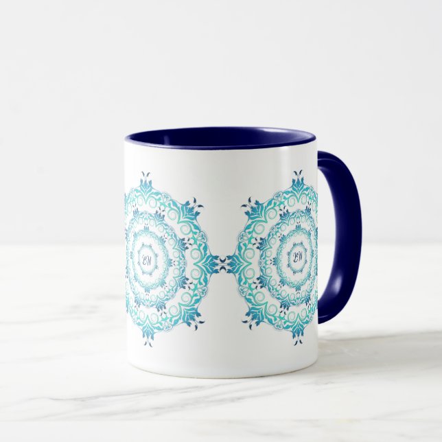 Caneca Teal Mandala. Coroa Floral (Frente Esquerda)
