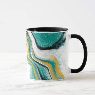 Caneca Teal, Turquesa, Dourado, Marble Fluid Art Branco