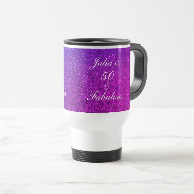 Caneca Térmica 50 Fabuloso Aniversário Presente Rosa Púrpura Bril (Frente Esquerda)
