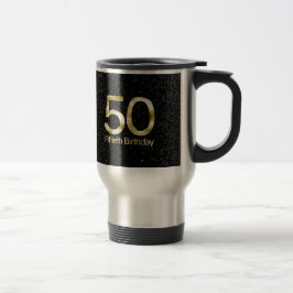 Caneca Térmica 50th Aniversário, encanto Dourado preto elegante