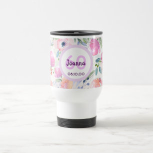 Caneca Térmica 60º aniversário cor-de-rosa floral púrpura