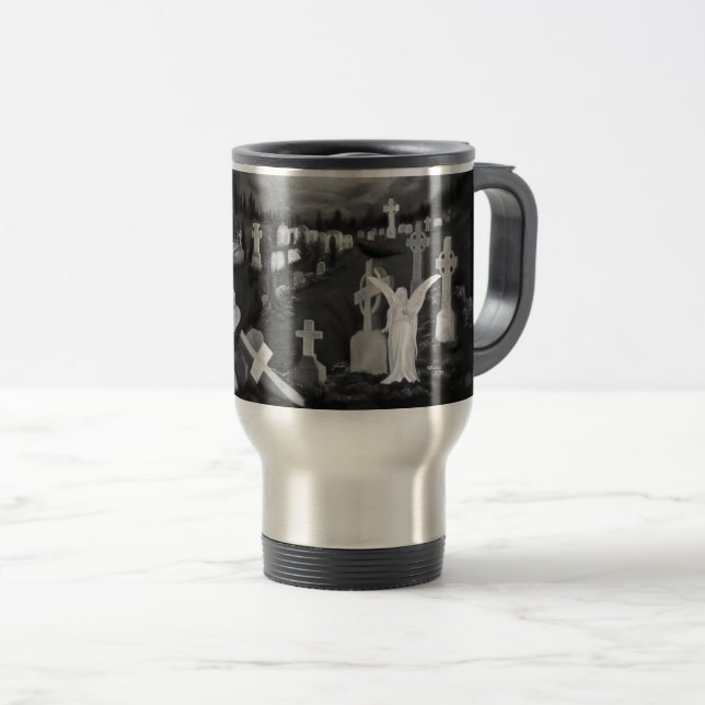 Caneca Térmica À noite no cemitério - Anjo com o Diabo (Frente Esquerda)