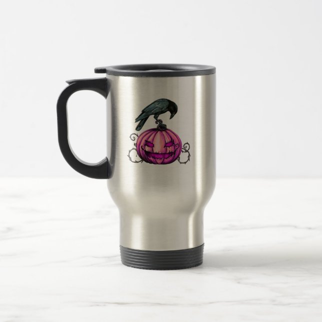 Caneca Térmica Abóbora e Corvo de Halloween Gótico (Esquerda)