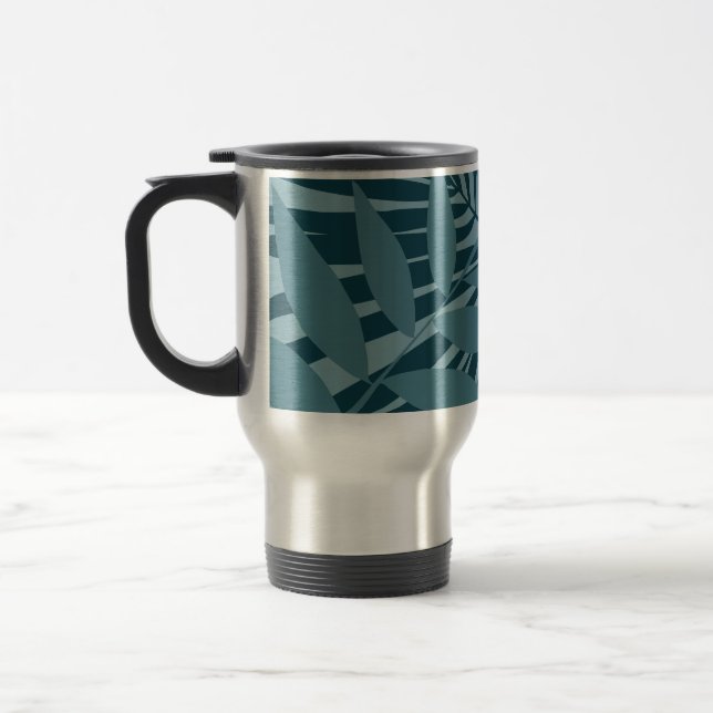Caneca Térmica abstrato de palma e folha tropical em cinza azul (Esquerda)