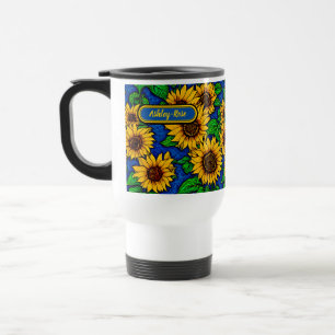 Caneca Térmica Adicionar Ouro de Nome Girassóis e Folhas em Azul