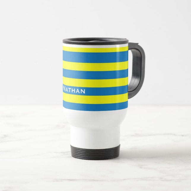Caneca Térmica Amarelo Brilhante e Faixa Azul Personalizadas (Frente Esquerda)