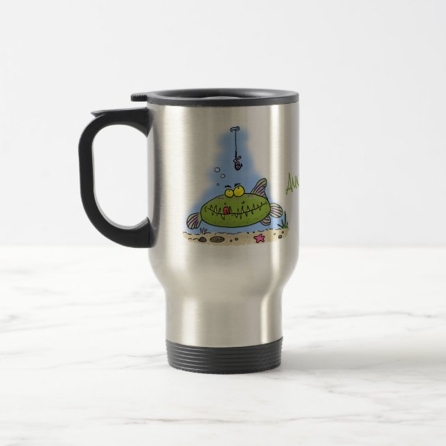 Caneca Térmica Animação de peixe verde esfomeado e gordo (Esquerda)