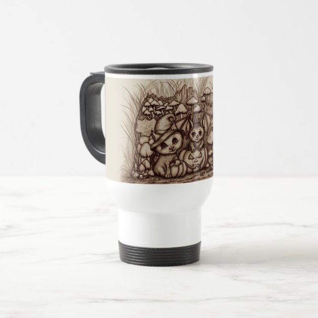Caneca Térmica Animais Fofos esperando pelo Halloween (Frente Esquerda)