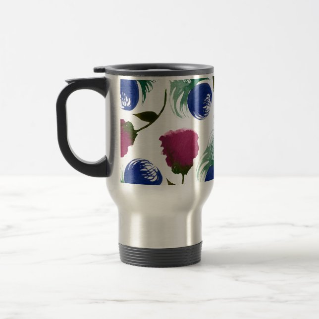 Caneca Térmica Aquarela Floral Azul Borgonha Cintura Verde (Esquerda)