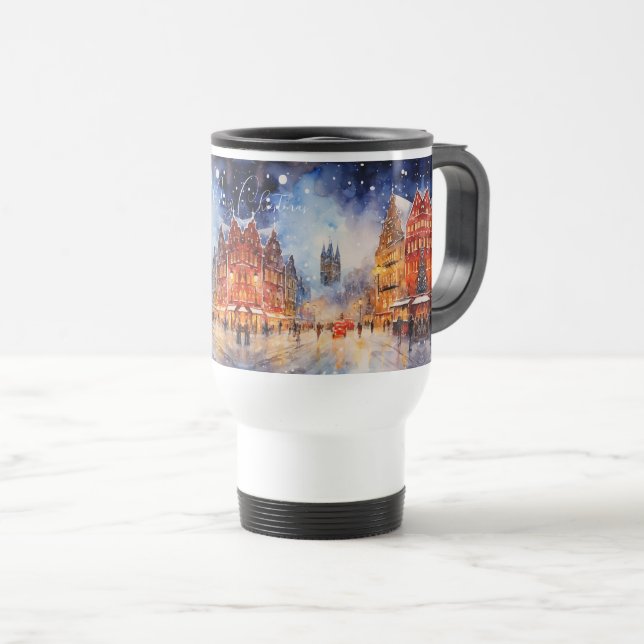 Caneca Térmica Aquarelas - Natal europeu da Cityscape (Frente Esquerda)