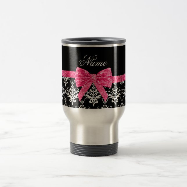 Caneca Térmica arco de brilho rosa branco preto com nome personal (Centro)
