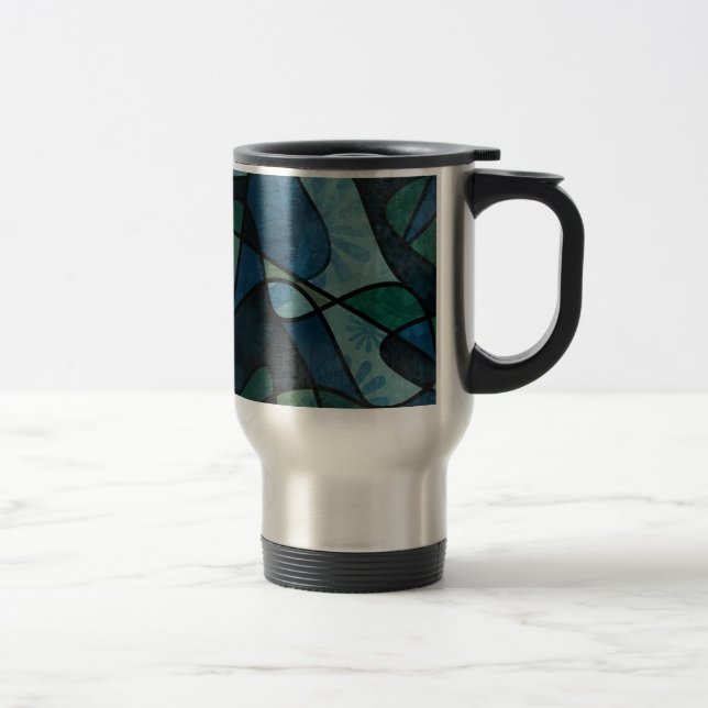 Caneca Térmica Arte Abstrata em Vidro Pintado Digital Azul Verde  (Direita)