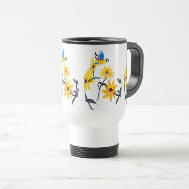 Caneca Térmica Arte Floral De Pássaros, Flores Azuis (Frente Esquerda)