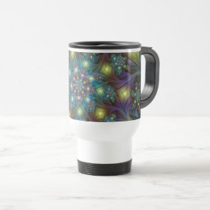 Caneca Térmica Arte Fractal Abstrata Iluminada Brilhante Turquesa